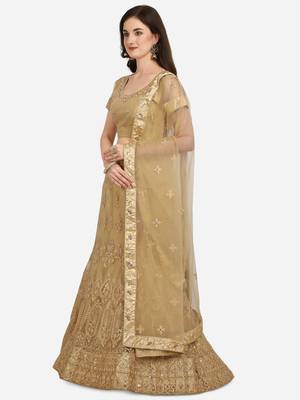 Beige embroidered net semi stitched lehenga 3