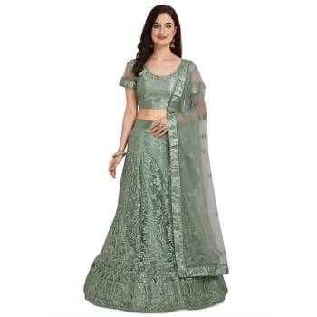 Sea-green embroidered net semi stitched lehenga 1