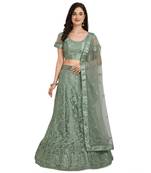 Sea-green embroidered net semi stitched lehenga