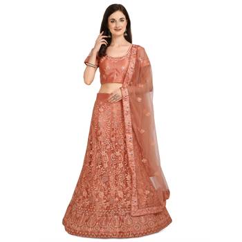 Peach embroidered net semi stitched lehenga 1
