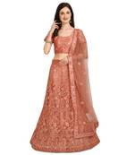 Peach embroidered net semi stitched lehenga