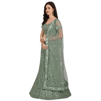 Sea-green embroidered net semi stitched lehenga 2