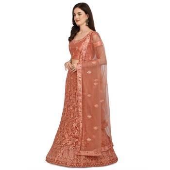 Peach embroidered net semi stitched lehenga 2
