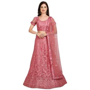 Pink embroidered net semi stitched lehenga 1