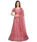 Pink embroidered net semi stitched lehenga