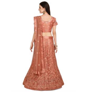 Peach embroidered net semi stitched lehenga 3