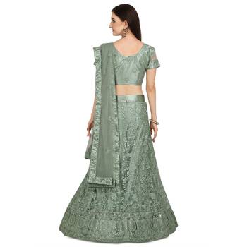 Sea-green embroidered net semi stitched lehenga 3