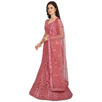 Pink embroidered net semi stitched lehenga 2