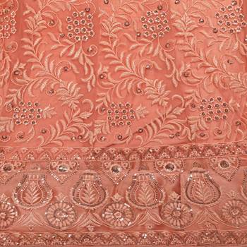 Peach embroidered net semi stitched lehenga 4