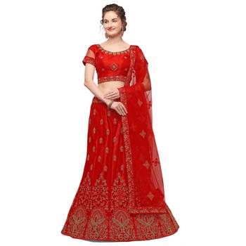 Red embroidered net semi stitched lehenga 1