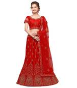 Red embroidered net semi stitched lehenga