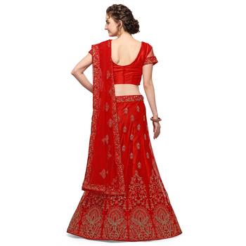 Red embroidered net semi stitched lehenga 2