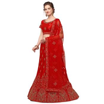 Red embroidered net semi stitched lehenga 3