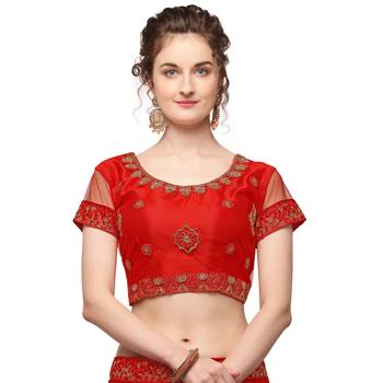 Red embroidered net semi stitched lehenga 4