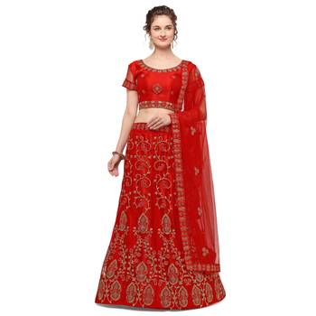 Red embroidered net semi stitched lehenga 1