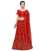 Red embroidered net semi stitched lehenga