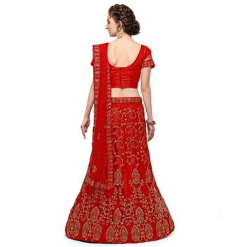 Red embroidered net semi stitched lehenga 2