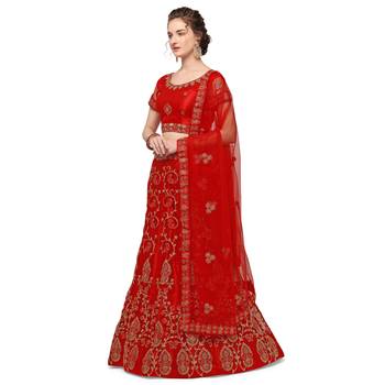 Red embroidered net semi stitched lehenga 3