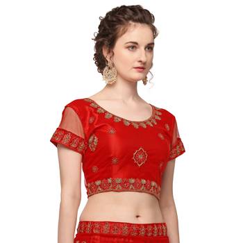 Red embroidered net semi stitched lehenga 4