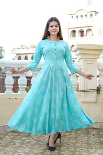 Turquoise Khadi and Gold Printed Rayon Flared Kurti
