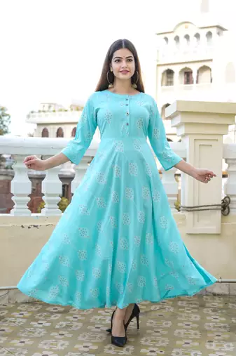 Turquoise Khadi and Gold Printed Rayon Flared Kurti