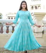 Turquoise Khadi and Gold Printed Rayon Flared Kurti