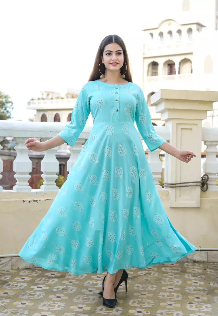 Turquoise Khadi and Gold Printed Rayon Flared Kurti