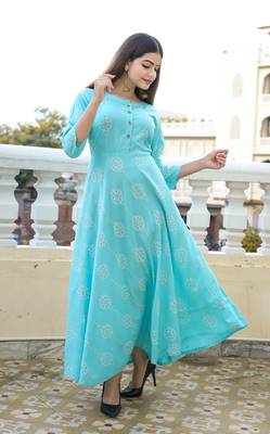 Turquoise Khadi and Gold Printed Rayon Flared Kurti 2