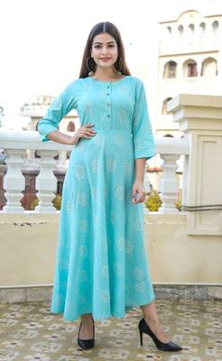 Turquoise Khadi and Gold Printed Rayon Flared Kurti 3