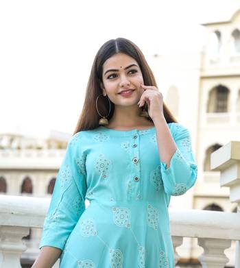Turquoise Khadi and Gold Printed Rayon Flared Kurti 4
