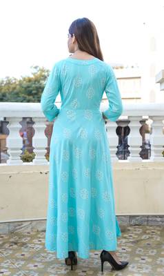 Turquoise Khadi and Gold Printed Rayon Flared Kurti 5