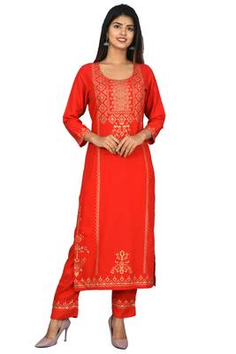 KAAJH Red Rayon Gold Printed Kurta Pant Set 1