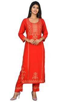 KAAJH Red Rayon Gold Printed Kurta Pant Set