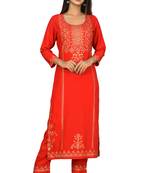 KAAJH Red Rayon Gold Printed Kurta Pant Set