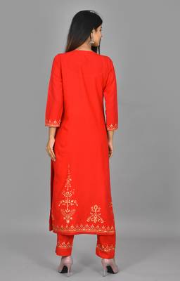 KAAJH Red Rayon Gold Printed Kurta Pant Set 2