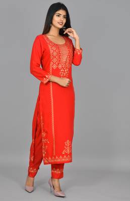 KAAJH Red Rayon Gold Printed Kurta Pant Set 3