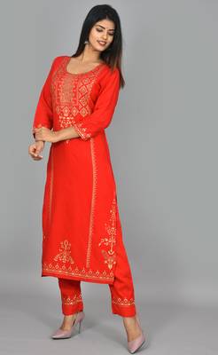 KAAJH Red Rayon Gold Printed Kurta Pant Set 4