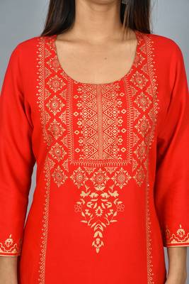 KAAJH Red Rayon Gold Printed Kurta Pant Set 5