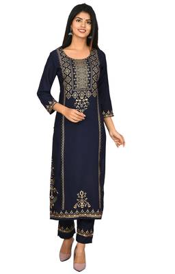 KAAJH Blue Rayon gold printed kurta pant set 1