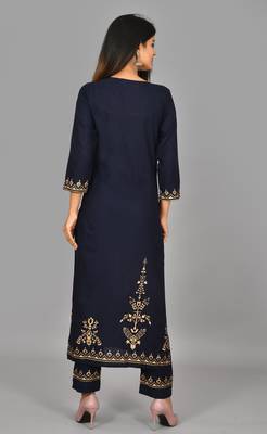 KAAJH Blue Rayon gold printed kurta pant set 2