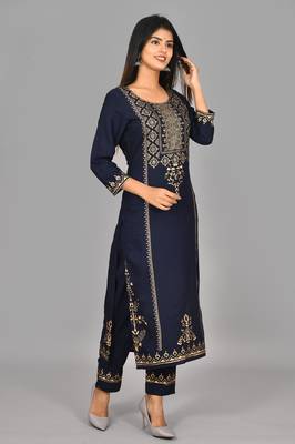 KAAJH Blue Rayon gold printed kurta pant set 3
