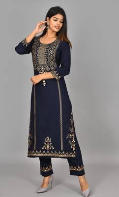 KAAJH Blue Rayon gold printed kurta pant set 4