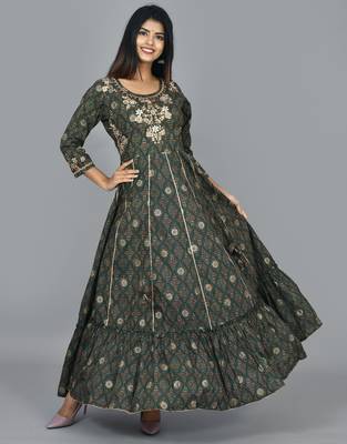 KAAJH Green Embellished Cotton Anarkali Kurta 1