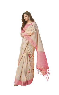 Baby pink printed linen saree with blouse 1