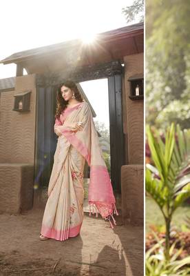 Baby pink printed linen saree with blouse 2