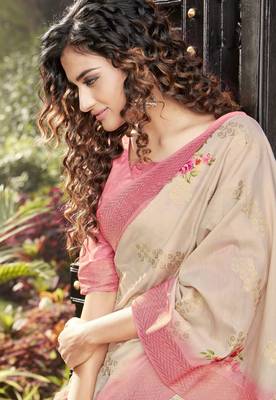 Baby pink printed linen saree with blouse 3