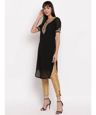 Black georgette hand embroidered kurti paired with beige silk trouser 7