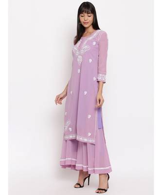 Lavender chikankari kurti paired with flared pallazo 1