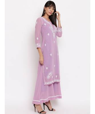 Lavender chikankari kurti paired with flared pallazo 2