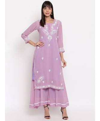 Lavender chikankari kurti paired with flared pallazo 7